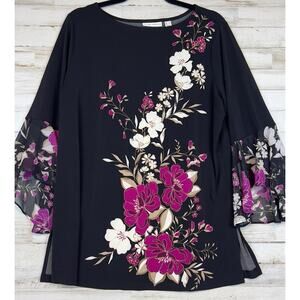 Susan Graver Floral Liquid Knit Med Top Black Pink Bell Chiffon Sleeves Women